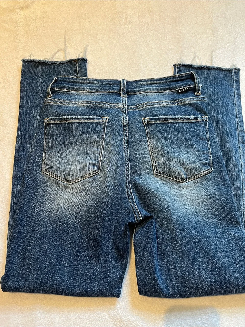 High-Rise Raw Hem Straight Jeans in Medium Blue - Picture 8 of 9